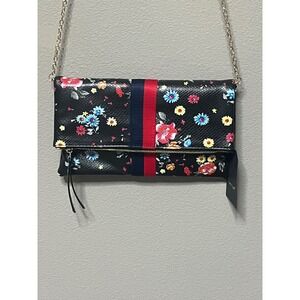 Moda Luxe Black Floral Snake Embossed Foldover Chain‎ Shoulder Bag Clutch